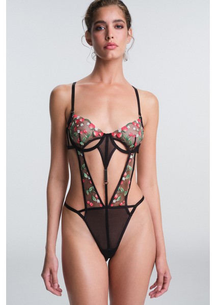 Siyah Nera Çiçek Desenli Nakış Detaylı Balenli Bodysuit