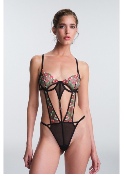 Siyah Nera Çiçek Desenli Nakış Detaylı Balenli Bodysuit fiyatları