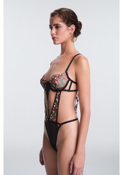 Siyah Nera Çiçek Desenli Nakış Detaylı Balenli Bodysuit modelleri