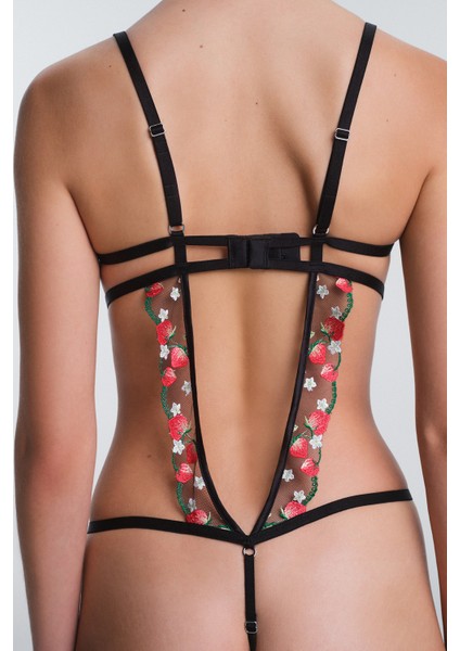 Siyah Nera Çiçek Desenli Nakış Detaylı Balenli Bodysuit fırsatları