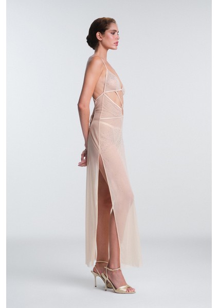 Bej Sandy Taş Detaylı Ayarlanabilir Askılı Gecelik indirimleri