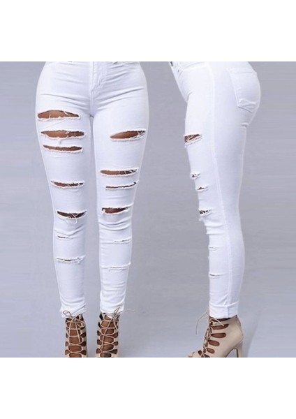 Kadın Yüksek Bel Lazer Yırtık Desenli Kot Pantolon