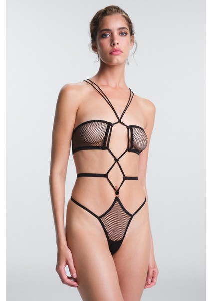 Siyah Nova Bağlama Detaylı Balensiz Body