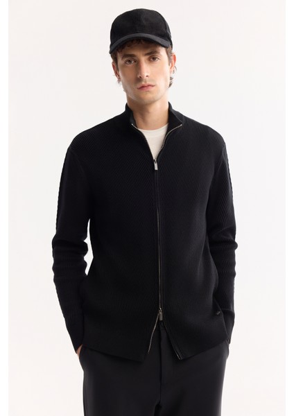 Erkek Siyah Dik Yaka Fermuarlı Pamuklu Soft Touch Dokulu Regular Fit Hırka A52Y5181