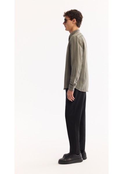 Erkek Yeşil Düğmeli Yaka Soft Touch Çizgili Comfort Fit Gömlek A52Y2101 modelleri