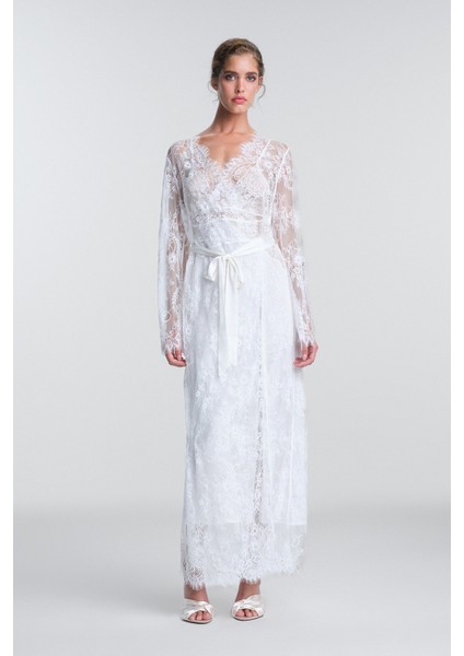 Kırık Beyaz Pirra Gelin Dantelli Sabahlık