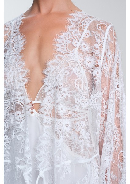 Kırık Beyaz Pirra Gelin Dantelli Sabahlık modelleri