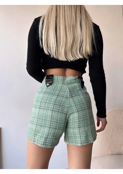 Çıtçıtlı Siyah Köprü Tüvit Şort Yeşil modelleri