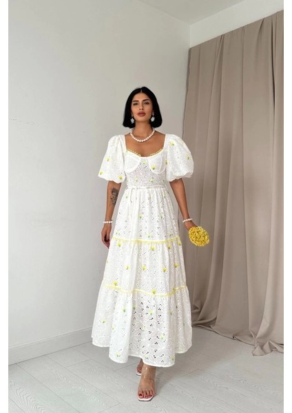 Sarı Dantel Detaylı Brode Elbise