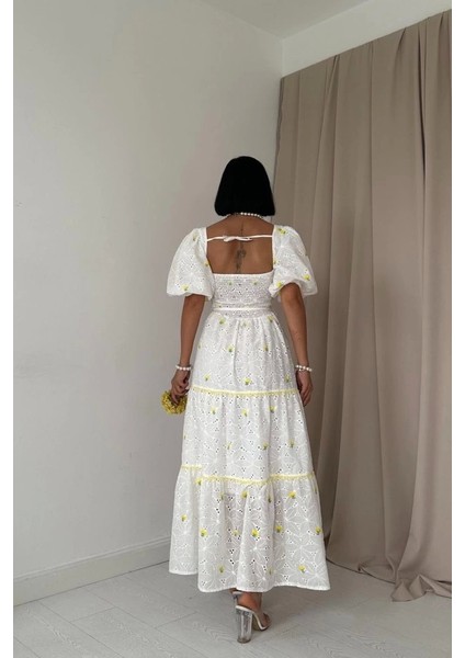 Sarı Dantel Detaylı Brode Elbise fırsatları