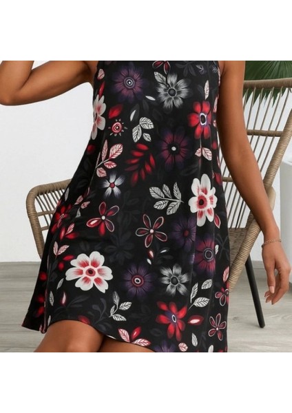 Kadın Askılı Yuvarlak Yaka Desenli A Kesim Süprem Elbise