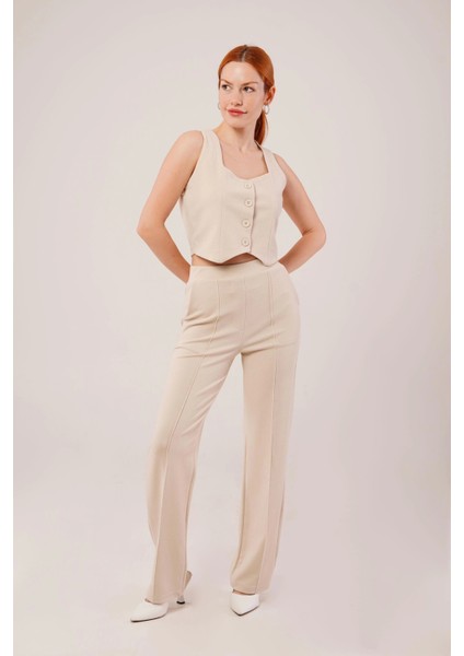 Kalın Askılı Düğmeli Yelek ve Pantolon Bej Takım