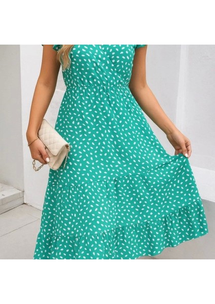 Kadın Kısa Kollu Kruvaze Yaka Beli Lastikli Çiçek Desenli Elbise