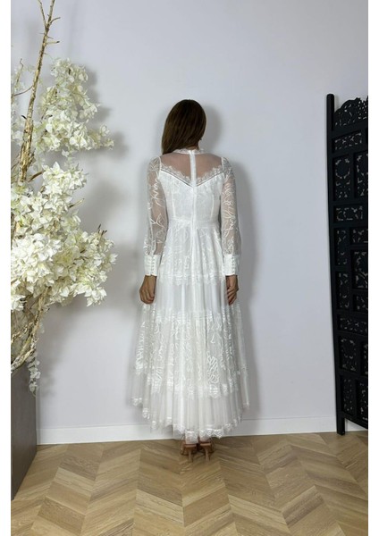 G1526 Dantel Tasarım Maksi Abiye Elbise Beyaz