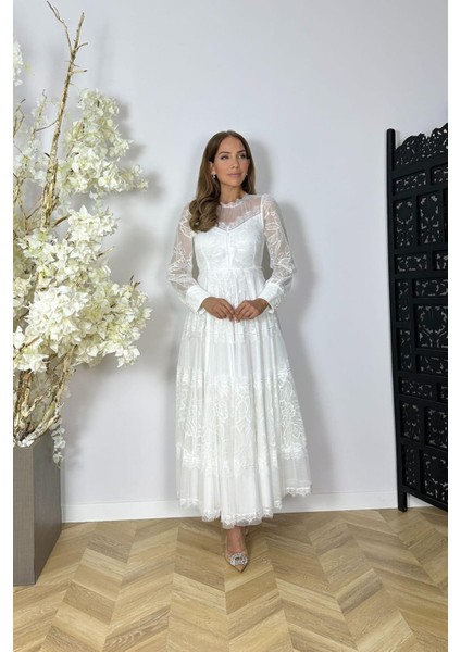 G1526 Dantel Tasarım Maksi Abiye Elbise Beyaz