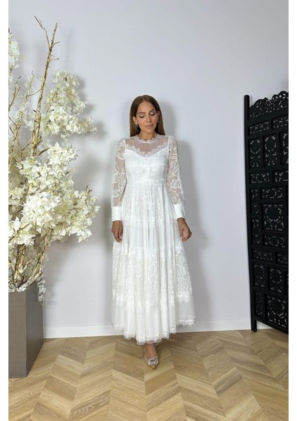 G1526 Dantel Tasarım Maksi Abiye Elbise Beyaz fiyatları