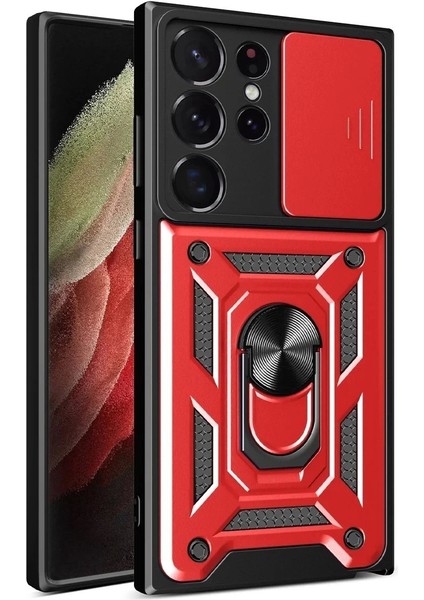 Newface Samsung Galaxy S23 Ultra Kılıf Pars Lens Yüzüklü Silikon - Kırmızı