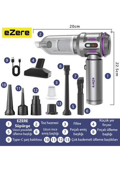 16000PA Güçlü Dijital Göstergeli Vakumlu Kablosuz Üflemeli Mini Araç Süpürgesi fiyatları
