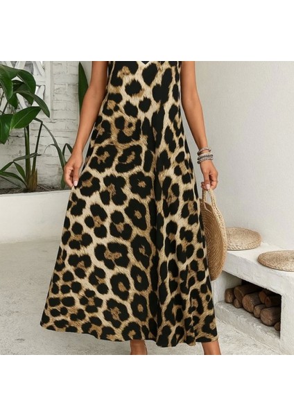 Kadın Ip Askılı Geniş V Yakalı Leopar Desenli Süprem Elbise