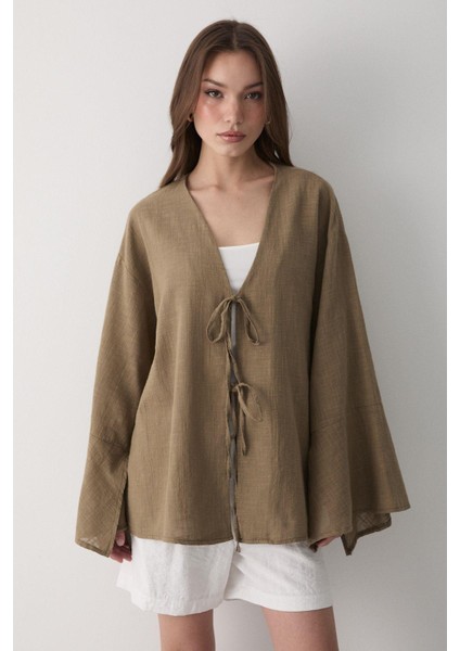 Kadın Çift Bağlama Keten Kimono