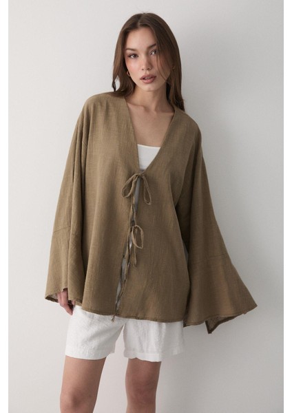 Kadın Çift Bağlama Keten Kimono modelleri