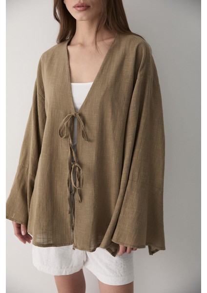 Kadın Çift Bağlama Keten Kimono fırsatları