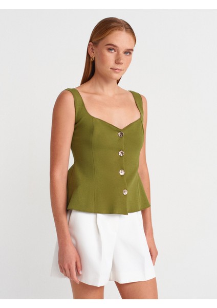 31987 Peplum Etekli Yelek-Yağ Yeşil