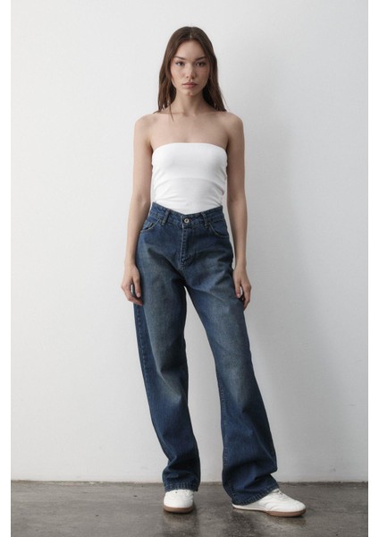 Kadın Yüksek Bel Geniş Paça Jean Pantolon