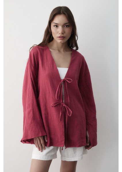 Kadın Çift Bağlama Keten Kimono