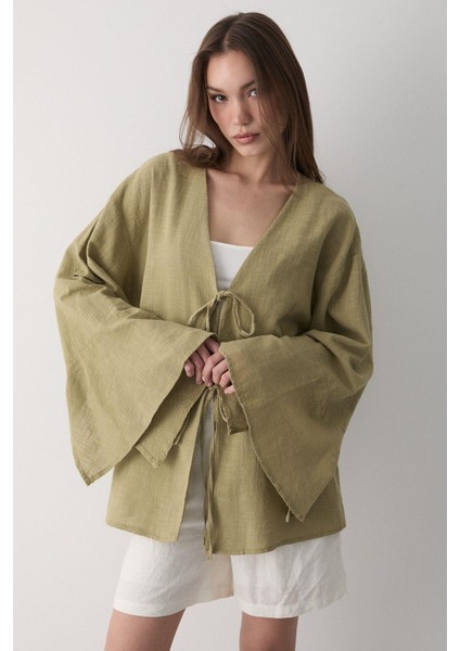 Kadın Çift Bağlama Keten Kimono modelleri