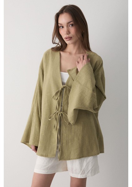 Kadın Çift Bağlama Keten Kimono fırsatları