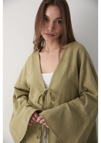 Kadın Çift Bağlama Keten Kimono indirimleri