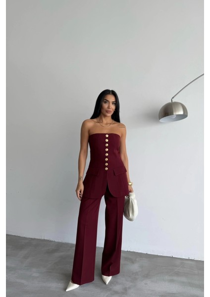 Tasarım Gold Düğmeli Straplezyelek - Bordo
