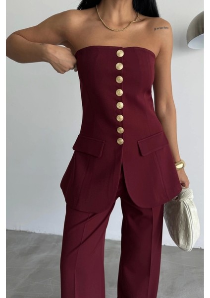 Tasarım Gold Düğmeli Straplezyelek - Bordo modelleri