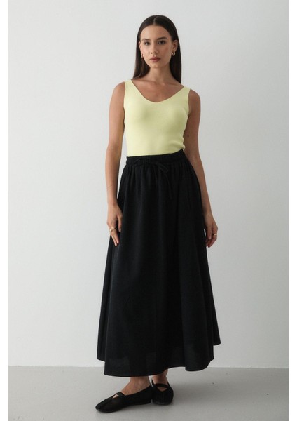 Kadın Beli Lastikli Çift Cepli Keten Etek