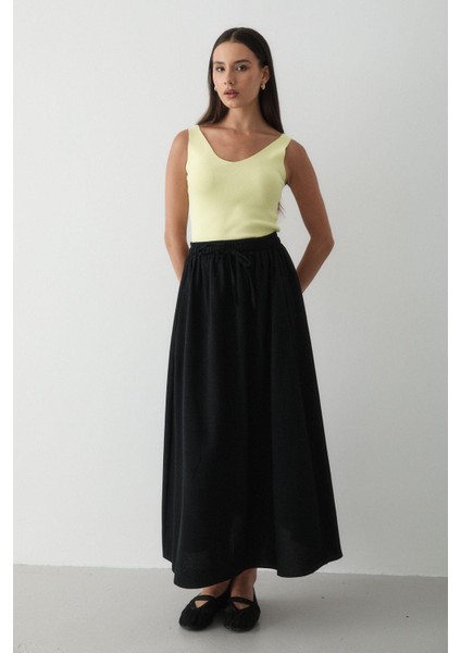 Kadın Beli Lastikli Çift Cepli Keten Etek fırsatları