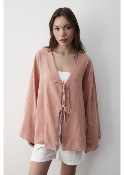 Kadın Çift Bağlama Keten Kimono