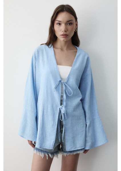 Kadın Çift Bağlama Keten Kimono