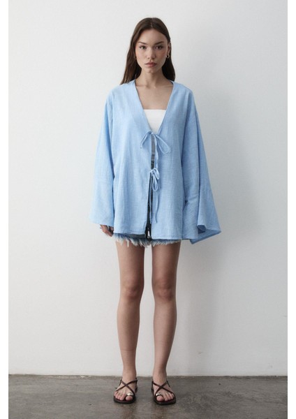 Kadın Çift Bağlama Keten Kimono indirimleri