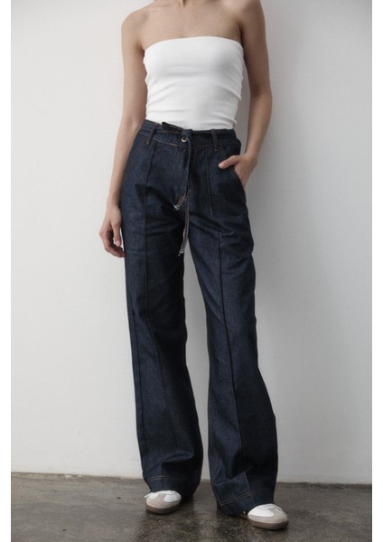 Kadın Çizgili Geniş Paça Jean Pantolon fiyatları