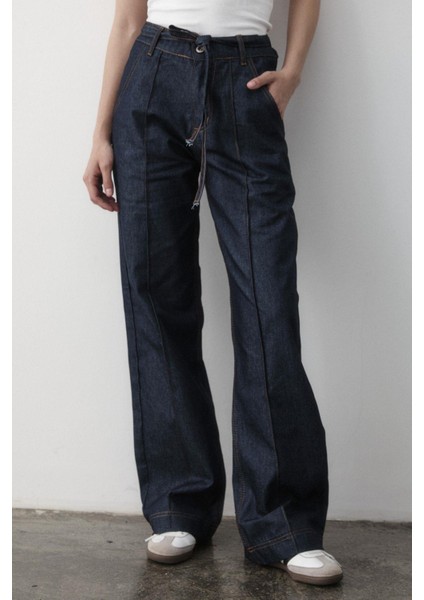 Kadın Çizgili Geniş Paça Jean Pantolon indirimleri