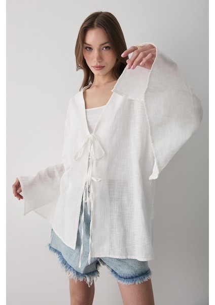 Kadın Çift Bağlama Keten Kimono modelleri