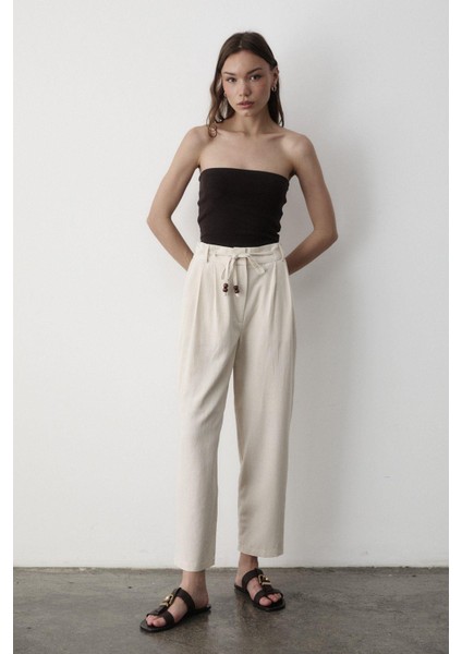 Kadın Yüksel Bel Boncuklu Bağcıklı Keten Pantolon