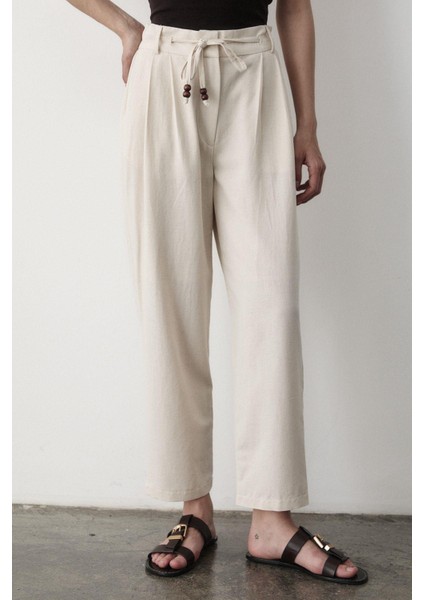 Kadın Yüksel Bel Boncuklu Bağcıklı Keten Pantolon fiyatları
