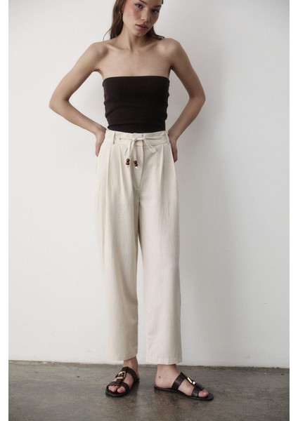 Kadın Yüksel Bel Boncuklu Bağcıklı Keten Pantolon modelleri