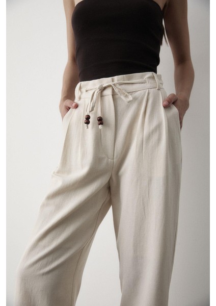 Kadın Yüksel Bel Boncuklu Bağcıklı Keten Pantolon fırsatları