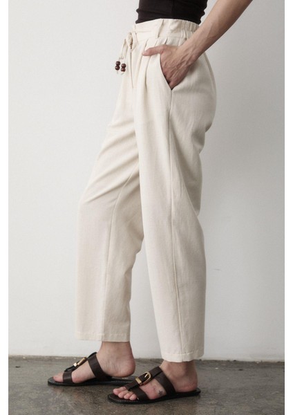 Kadın Yüksel Bel Boncuklu Bağcıklı Keten Pantolon indirimleri