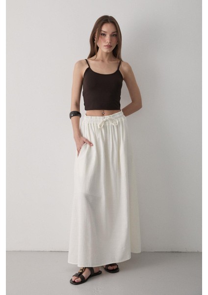 Kadın Beli Lastikli Çift Cepli Keten Etek