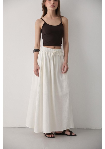 Kadın Beli Lastikli Çift Cepli Keten Etek modelleri