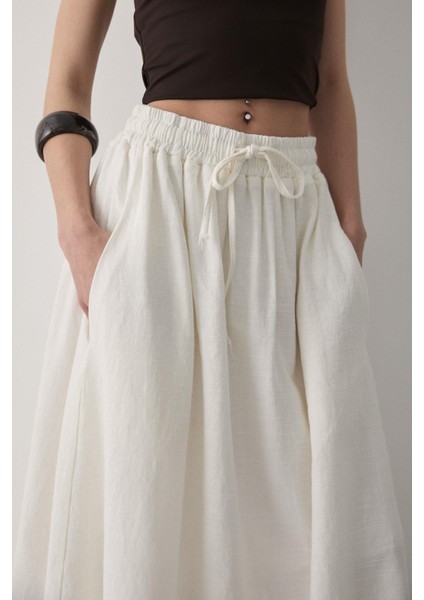 Kadın Beli Lastikli Çift Cepli Keten Etek fırsatları